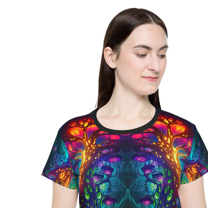 Folded view of the women's sport tee printed with the Fungus Amongus design.
