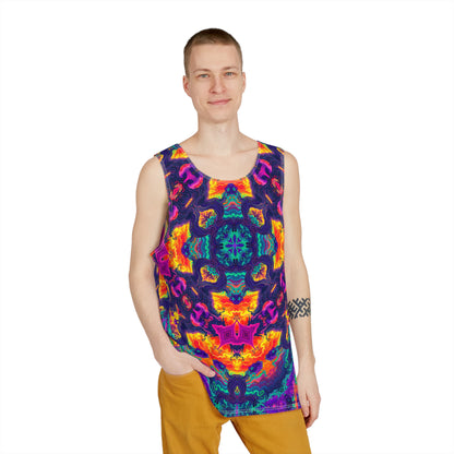 Angled view of the Mush Tree So Color Mandala men's tank top on display.