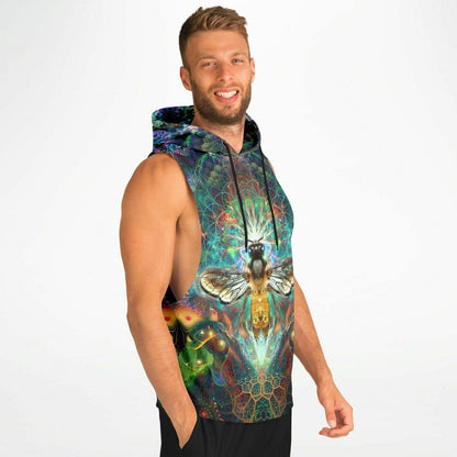 Model wearing the “To Bee or Not to Bee” sleeveless hoodie from the side, showing the drop armhole cut.