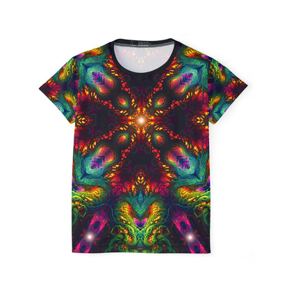 Seed of Knowledge Mandala women's sport tee shown from the front, full print view.