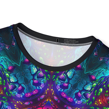 Close-up of the print detail of the Fungus Amongus Mandala design on the men's sport tee.