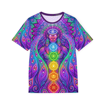 Flat lay of the 'Shamanic Emanation' design on a psychedelic sport tee.