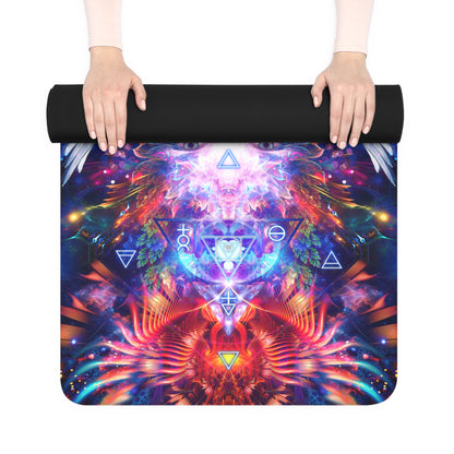 The 'Lapis Philosophorum V2' yoga mat rolled up, showing a corner of the print against the black exterior.