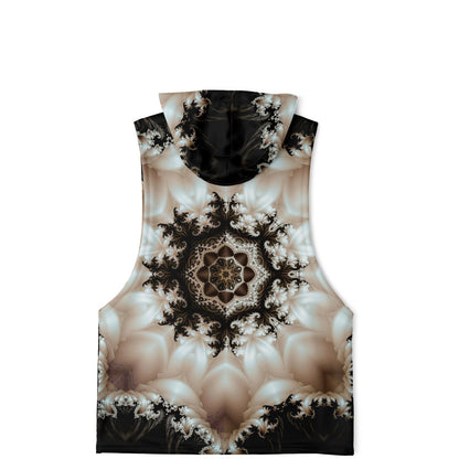 Another flat lay of the Duality sleeveless hoodie, back side, garment laid flat.