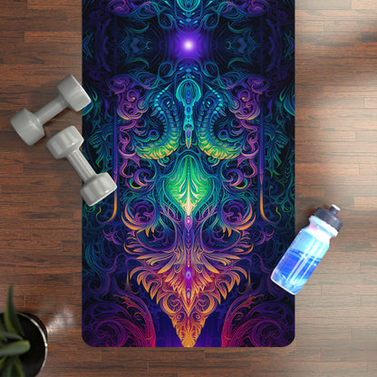 Close-up of the Belladonna yoga mat's microfiber suede top texture and print detail.