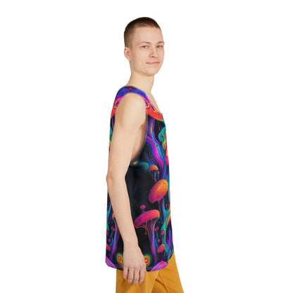 Side view of the Shpongleoid men's tank top showing the regular fit and armhole seam.