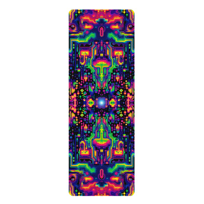 Trip Capacitor yoga mat laid flat showing the full psychedelic print edge to edge.
