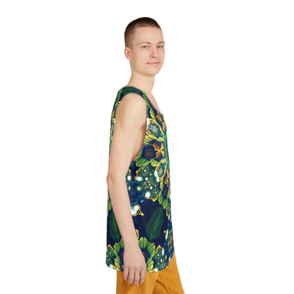 Overhead view of the Nectar Blossom psychedelic tank top laid flat.
