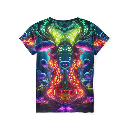 Back view of the Fungal Abyss print on the women's sport tee.