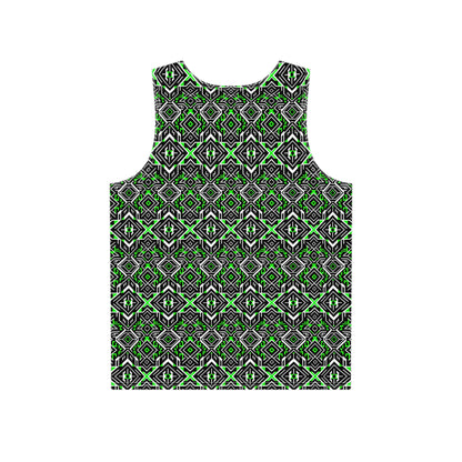 Close-up of the Peruvian Pattern print design on the tank top fabric.
