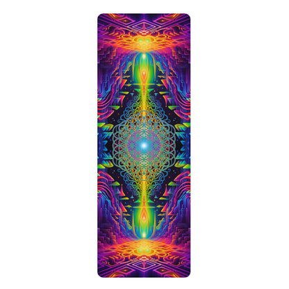 Flat lay of a Maze of Life yoga mat showing the full edge-to-edge cosmic print.