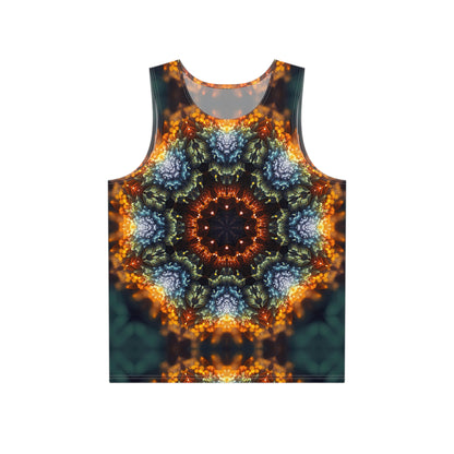 Flat lay of the Fractal Flower Mandala men's tank top showing the full print.