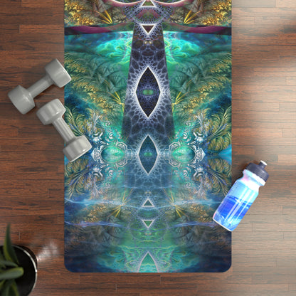 Close-up of the Fleur De Vie yoga mat's lower design on a wood floor beside dumbbells and a water bottle.