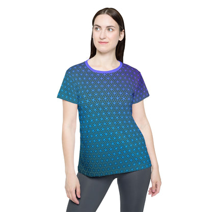 Side view of the Blue Flower of Life Pattern print on this women's sport tee