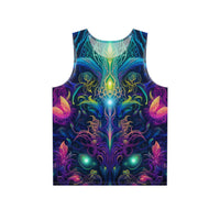 Flat lay of the Orchidious men's tank top showing the full psychedelic orchid print.