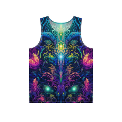 Flat lay of the Orchidious men's tank top showing the full psychedelic orchid print.