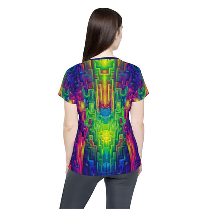 'Galaga' sport tee for women, close-up of the print detail on the fabric.