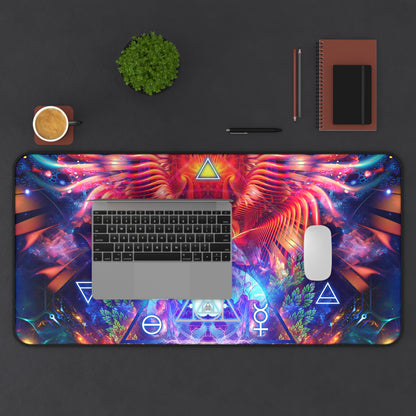 Lapis Philosophorum desk mat laid flat on a wood desk surface