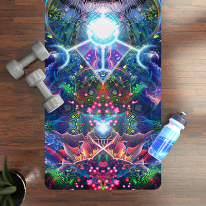 Hunter's Moon yoga mat flat on a wood floor beside dumbbells and a water bottle, showing the mandala print.