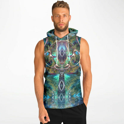 Model wearing the “Fluer De Vie” sleeveless hoodie, front view, showing overall fit and length.