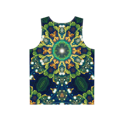 Close-up of the Nectar Blossom print design on the tank top fabric.