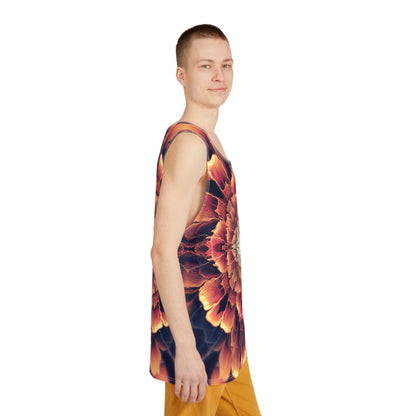 Men's tank top with the 'Mandala Bloom' print shown from above.