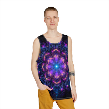 Close-up of the 'Twilight Glow Mandala' print detail on the men's tank top fabric.