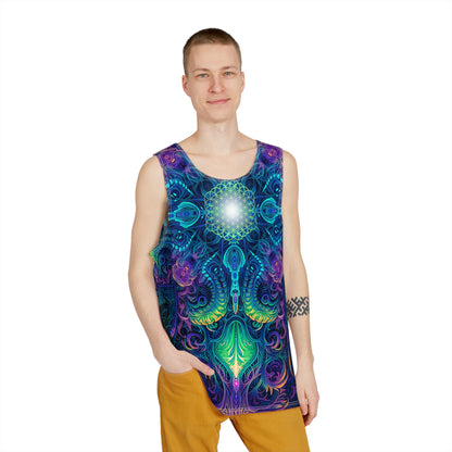 Close-up of the 'Belladonna V2' print detail on a men's tank top, showing color and texture.
