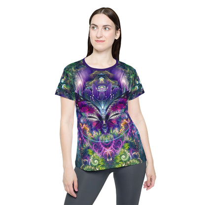 Women's sport tee in the Emergence psychedelic all-over print design, angled view.