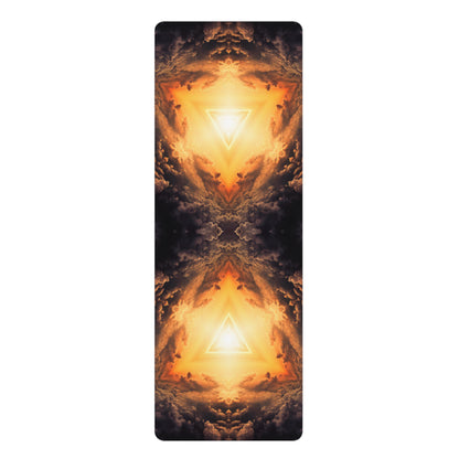 The 'Adieu V2' design shows golden light triangles glowing through mirrored storm clouds on a rubber yoga mat.