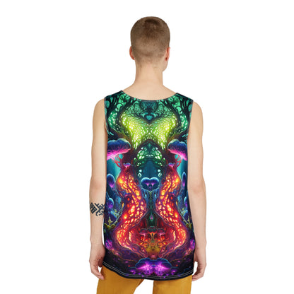 Angled view showing the Fungal Abyss print along the tank top's side seam.