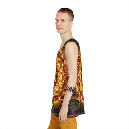 Side view of the 'Totem Sun' men's tank top highlighting the all-over print.
