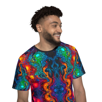 Wide view of the Molten Flow men's sport tee showing the complete print layout.