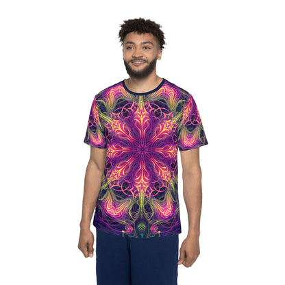 'Gatekeepers Mandala' sport tee for men, close-up of the print detail on the fabric.