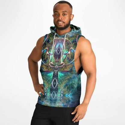 A second model wearing the “Fluer De Vie” sleeveless hoodie from the side, showing the drop armhole cut.