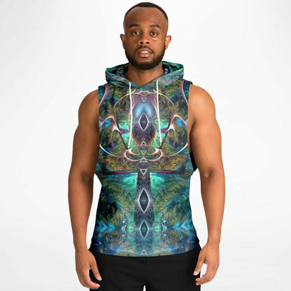 A second model wearing the “Fluer De Vie” sleeveless hoodie, front view, showing the fit and drape.