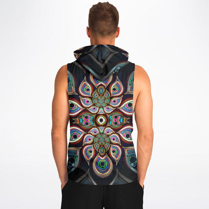 A model wearing "The Waiting Room" sleeveless hoodie, viewed from the back.