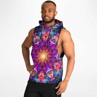 Another side view of the 'The Sacred Circle' sleeveless hoodie worn by a model, showing the print.