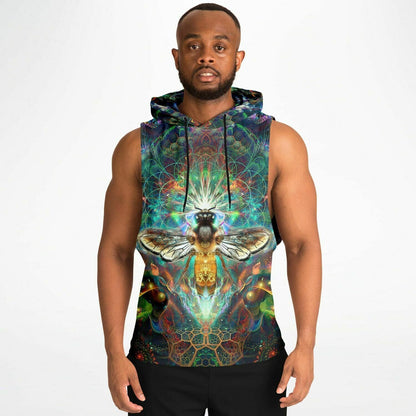 A second model wearing the “To Bee or Not to Bee” sleeveless hoodie, front view, showing the fit and drape.
