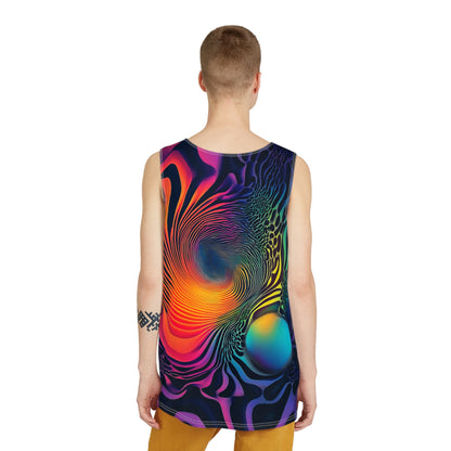 Angled view of the Cosmic Fingerprint men's tank top on display.