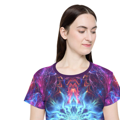 Fabric close-up of the "Angelic Force" women's sport tee print.