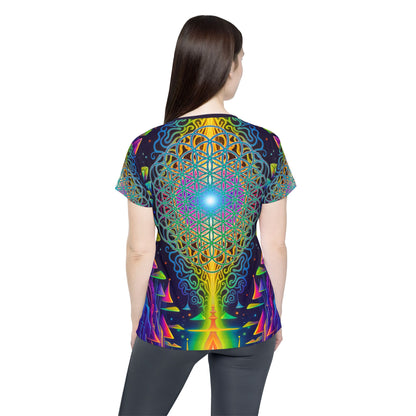 Overhead view of the Maze of Life Flip women's sport tee laid flat.