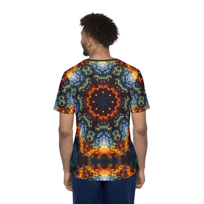 The "Fractal Flower Mandala" men's sport tee photographed from above on a flat surface.