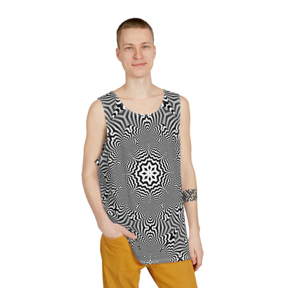 Black and white Zibrus Maximus tank top shown at an angle to highlight the artwork.
