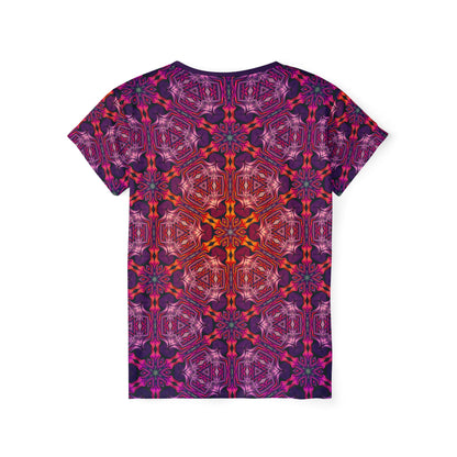 Close-up of the "Forged In Neon" print detail on the women's sport tee fabric.
