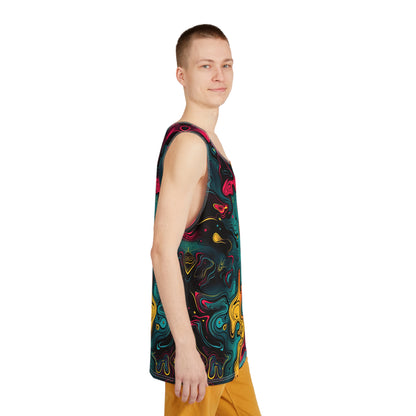 Overhead view of the Neon Oil psychedelic tank top laid flat.