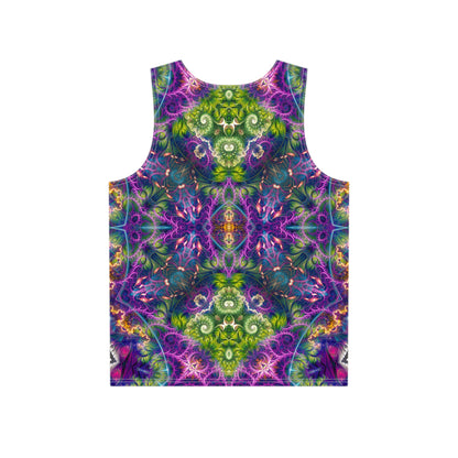 Close-up of the print detail on the 'Emergence Pattern' men's tank top.