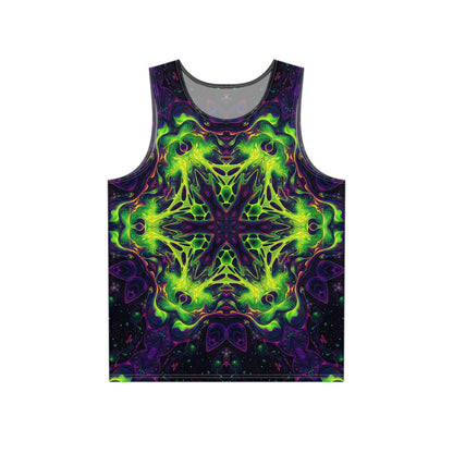 Front view of the Goodala men's tank top with visionary art design.