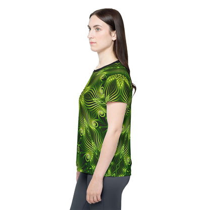 Overhead view of the "Green Lattice" print women's sport tee laid flat.