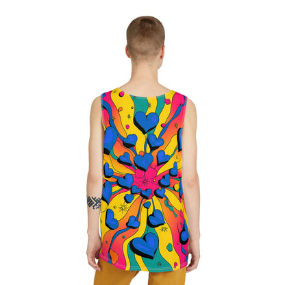 Angled view of the Psychedelic Hearts men's tank top on a plain background.